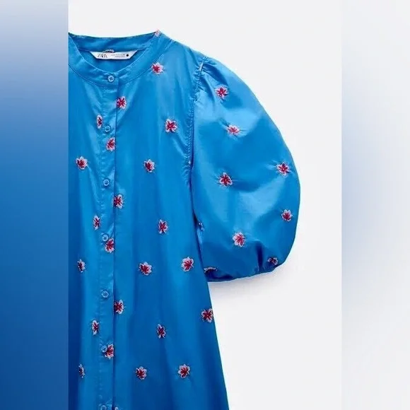 Zara Blue Flora Embroidered Ruffled Puff Sleeve Maxi Dress - Picture 3 of 12